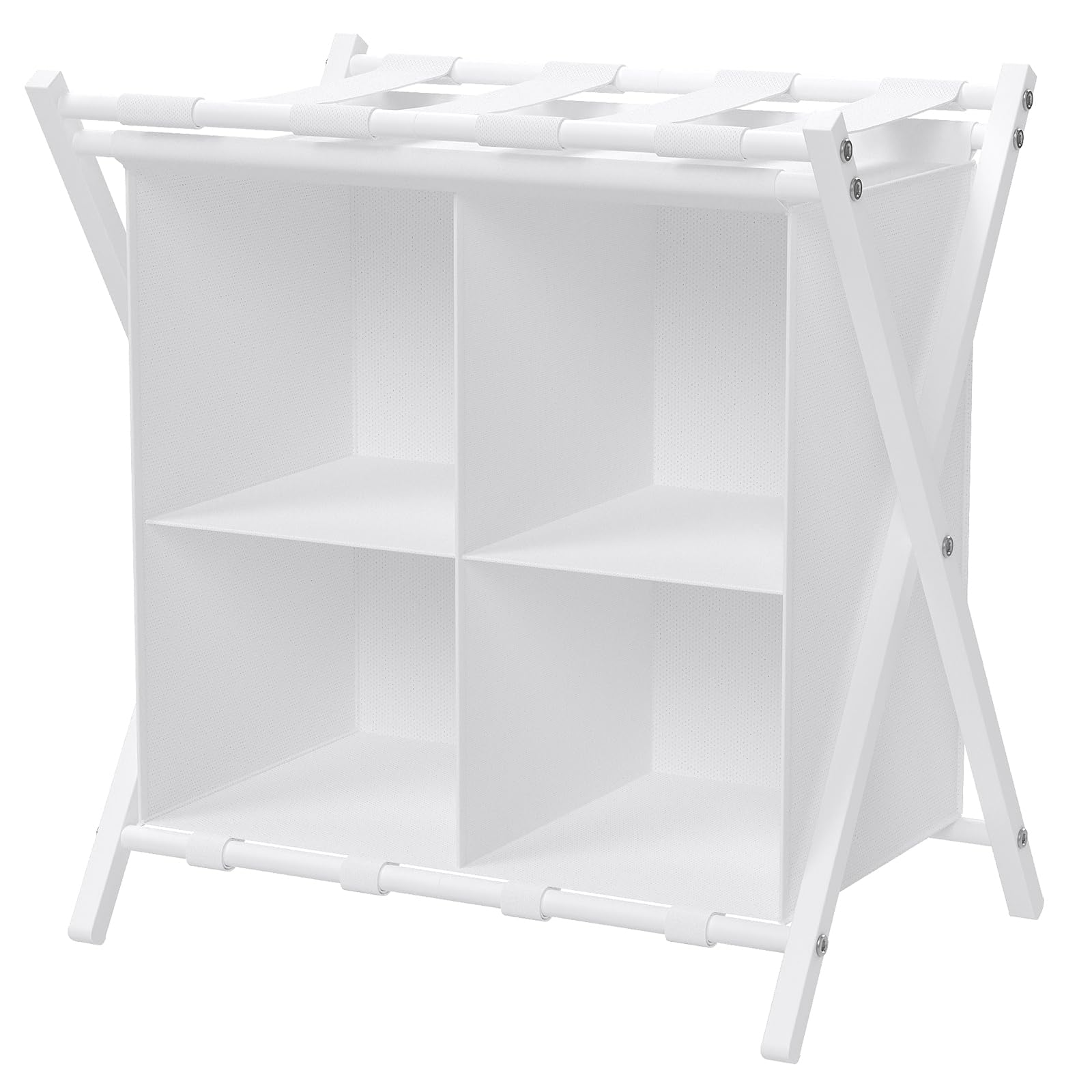 Folding Metal Luggage Rack, Suitcase Stand with Storage Shelf, Portable Luggage Rack for Guest Room, 2 Tier Luggage Stand Holder for Hotel Bedroom, Suit Case Holder Travel Chest Storage Stand,1x White