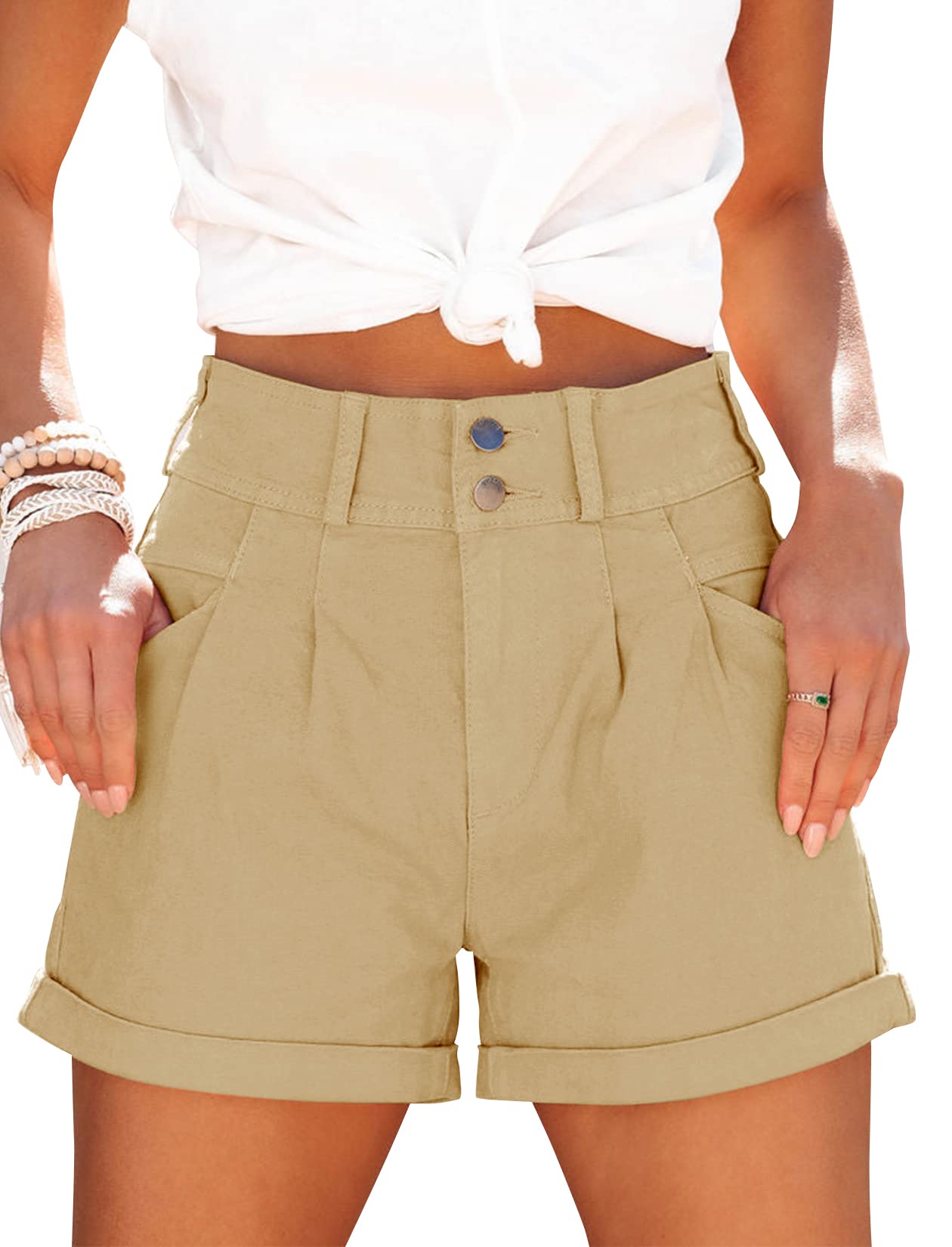 Photo 1 of Hilltichu Womens Relaxed Fit Casual High Waist Pocketed Denim Shorts (Khaki,Large,US,Alpha,Adult,Female,Large,Regular,Regular)