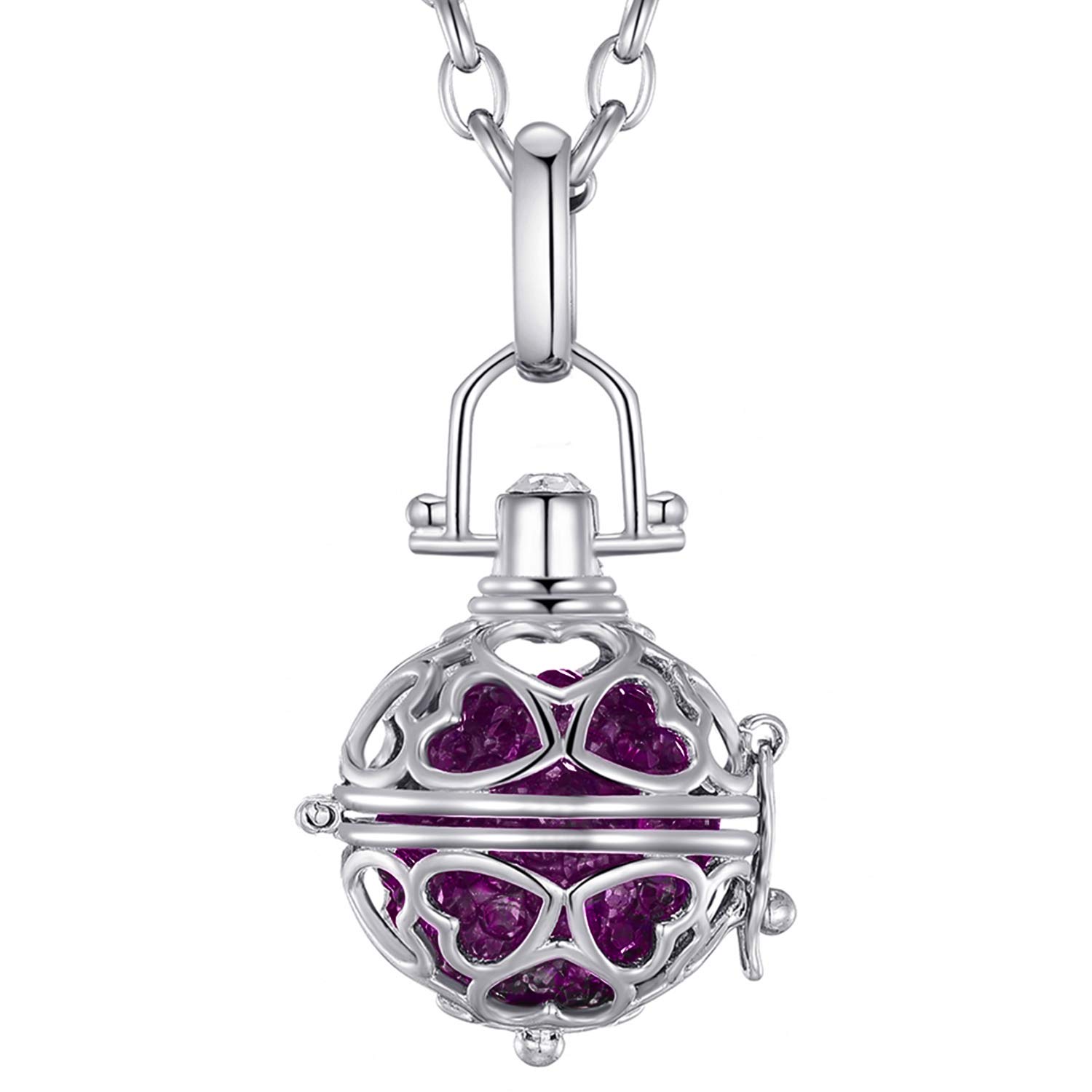 Morella Women Necklace Stainless Steel 70 cm 27,5" with Hearts Pendant with Sound Ball Zirkonia Purple Ø 16 mm 0,63" in a Velvet Jewelry Bag