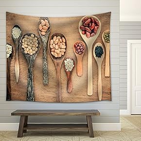 Assortment of Beans and Lentils in Wooden Spoon on Teak Wood Background. - Fabric Wall Tapestry Home Decor - 51x60 inches