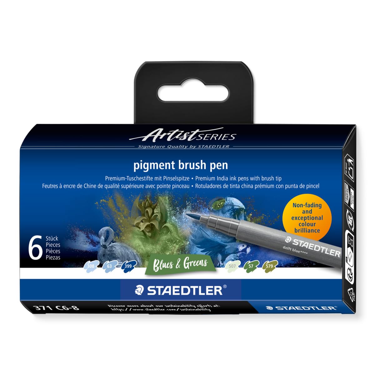 STAEDTLER 371 C6-8 Pigment Arts Brush Pen - Assorted Blue & Green Colours (Pack of 6)
