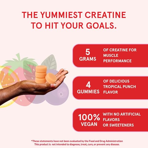PEACH PERFECT CREATINE MONOHYDRATE GUMMIES FOR WOMEN & MEN, BOOST FOCUS, STRENGTH, AND ENDURANCE, VEGAN, GLUTEN-FREE, NON-GMO, 5 GRAMS OF CREATINE PER SERVING, 30 SVG, TROPICAL PUNCH