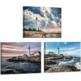 HOMEOART Lighthouse Painting Canvas Prints Ocean Landscape Coastal Beach View Modern Artwork Home Office Bedroom Bathroom Decor 12"x16"x3 Panels