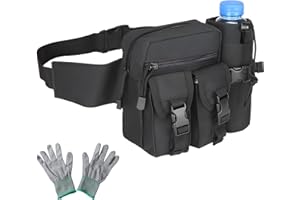 Klmnop Metal Detecting Bag with A Pair of Gloves, Portable Finds Waist Bag with Water Bottle Pouch for Outdoor Metal Detector Accessory(Black)