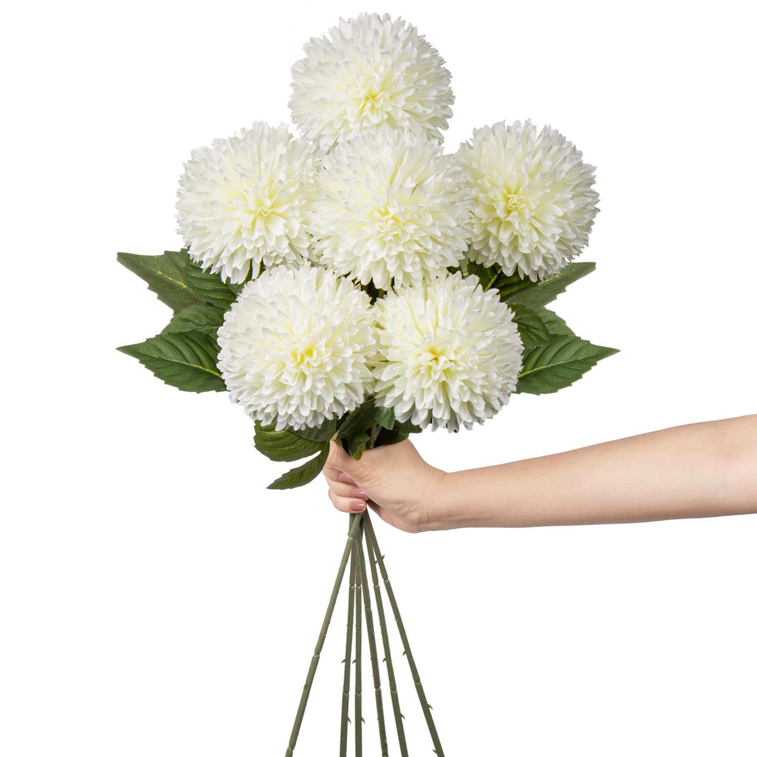 Hollyone 4'' Large Artificial Chrysanthemum Flowers with 24.7'' Long Stem, 6 pcs White Fake Silk Flowers Faux Ball Flower for Home Decor, Bridal, Wedding, Party, Garden, Floral Arrangement