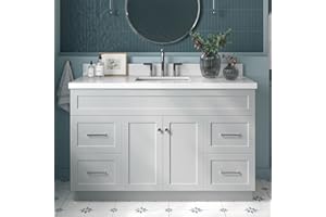ARIEL 55" Grey Bathroom Vanity 1.5" Edge Pure White Quartz Countertop & Splash, Rectangular Sink, 2 Soft Closing Doors, 4 Full Extension Dovetail Drawers, Built in Toe Kick