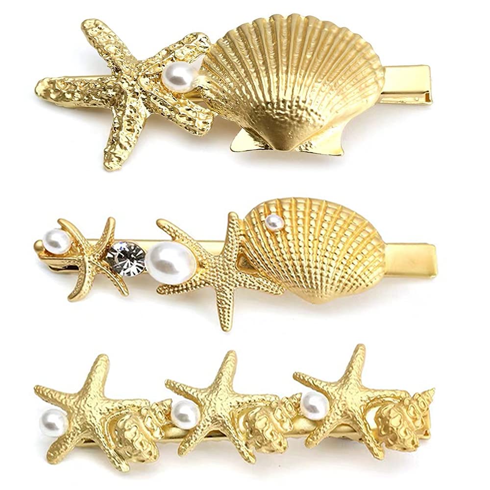 3 Pieces Starfish Hair Clips Pearl Seashell Hair Barrettes Seashell Starfish Spring Hair Clip for Women and Girls Hair Pin Hair Accessories