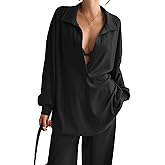 Fisoew Womens Oversized Deep V Neck Sweatshirts Casual Collared Long Sleeve Ribbed Knit Pullover Tops