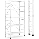 Himix 5 Tier Foldable Storage Shelves, Expandable Folding Pantry Shelf with Wheels, Changeable into 2 Shelf Units, Collapsible Storage Rack Metal Shelves for Kitchen, Room, Garage, White