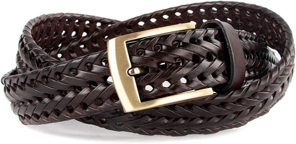 ECHAIN Men Braided Woven Genuine Leather Belt Brown
