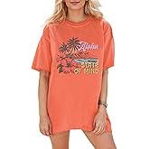 Hawaiian Shirts Women Oversized Aloha State of Mind Letter Graphic Shirt Flower Shirt Casual Summer Vacation Tees Tops