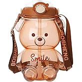 Kawaii Bear Straw Bottle, Large Kawaii Bear Shaped Water Bottle with Straw and Carrying Loop Adjustable Shoulder Strap, Cute Portable Water Bottles for Women Girls Sports Camping Picnic Hiking Travel