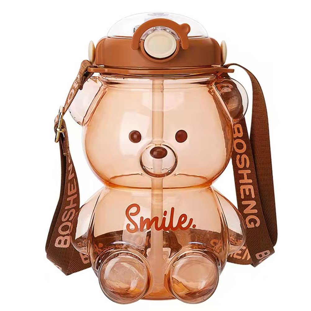 ARTOCT Kawaii Bear Shaped Water Bottle,Portable Drinking Bottle With Straw and Adjustable Strap,Leak-Proof Outdoor Sports Water Jug for Boys and Girls