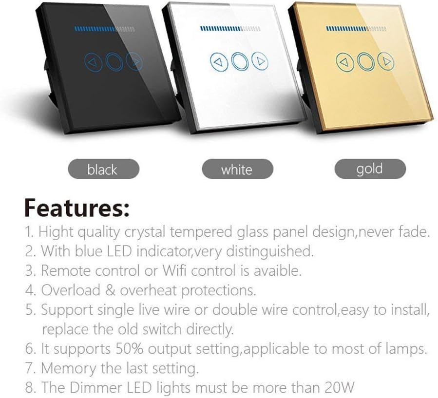 Touch Dimmer Switch UK Standard Crystal Touch Glass Remote Control Light Smart Switch (Black), 86*86*39mm - Image 5