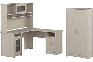 Bush Furniture 017LW Cabot 60-Inch L-Shaped Desk w/Hutch & Tall Storage Cabinet, Linen WE Oak