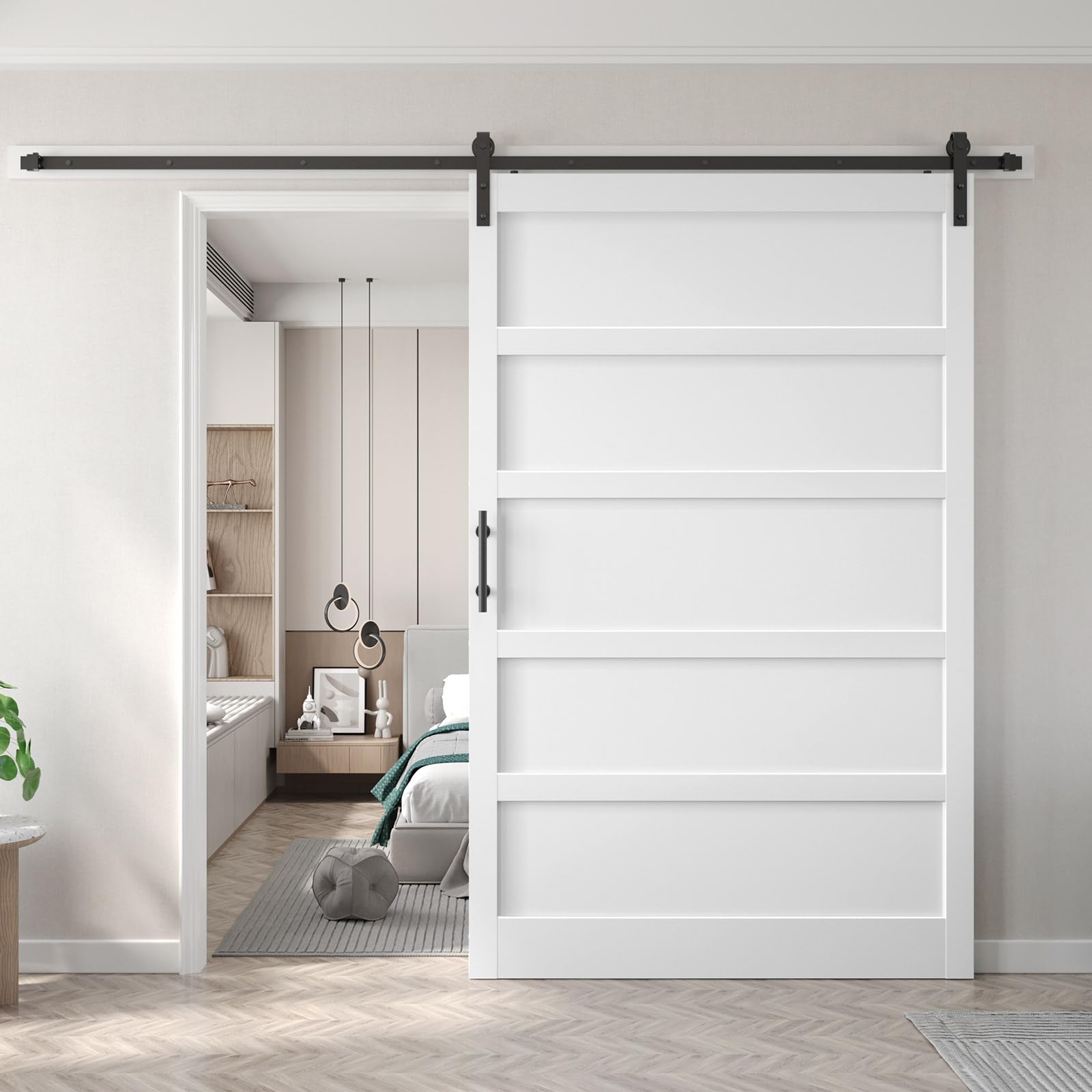 Photo 1 of Fredbeck 60x84 inch White Barn Door with 10FT Sliding Door Hardware Kit Included & Handle,MDF,Solid PVC Surface,DIY Assembly,5-Panel