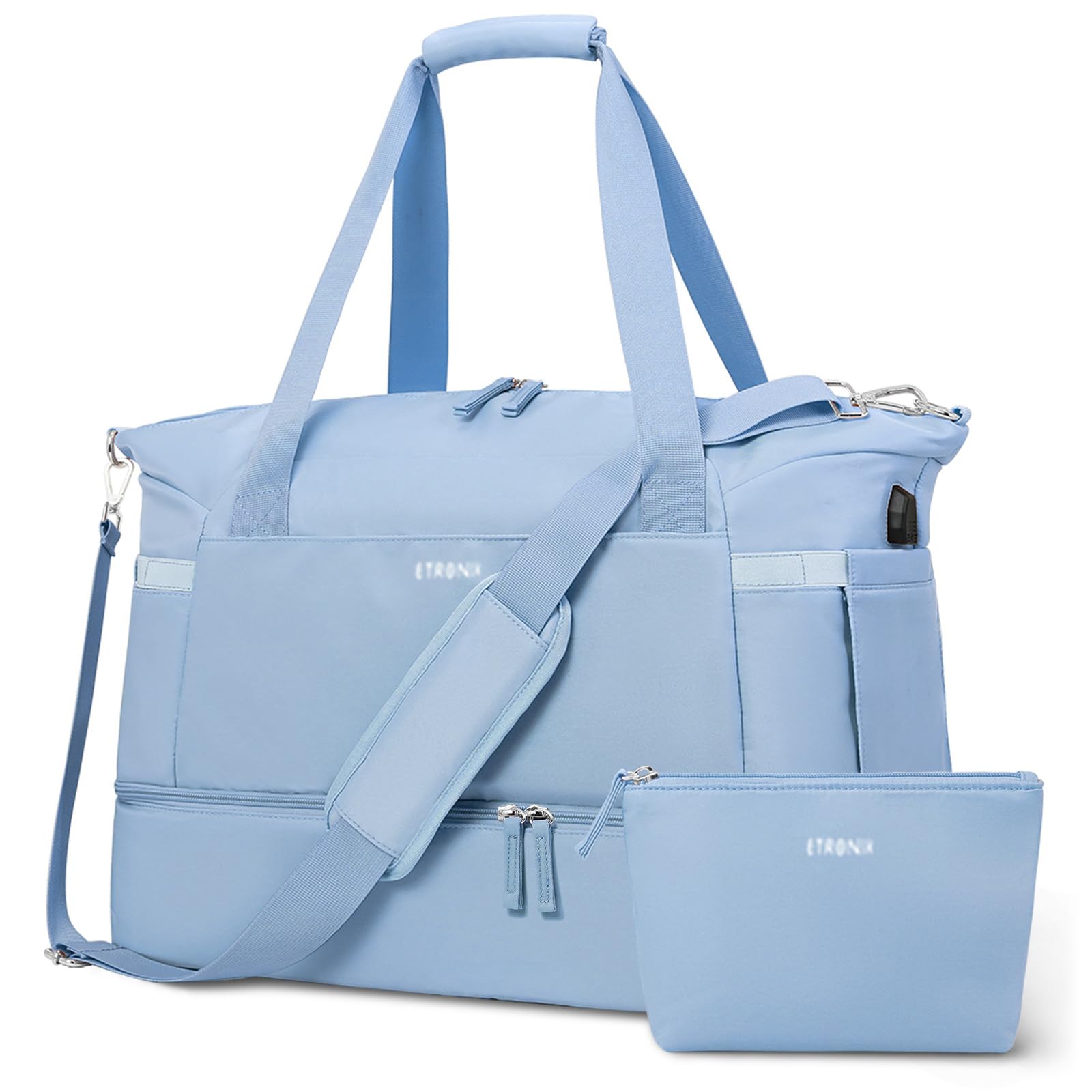 ETRONIK Gym Bag Womens, Sports Travel Duffel Bag with USB Charging Port, Weekender Overnight Bag for Women with Wet Pocket and Shoes Compartment, Hospital Bag, Blue