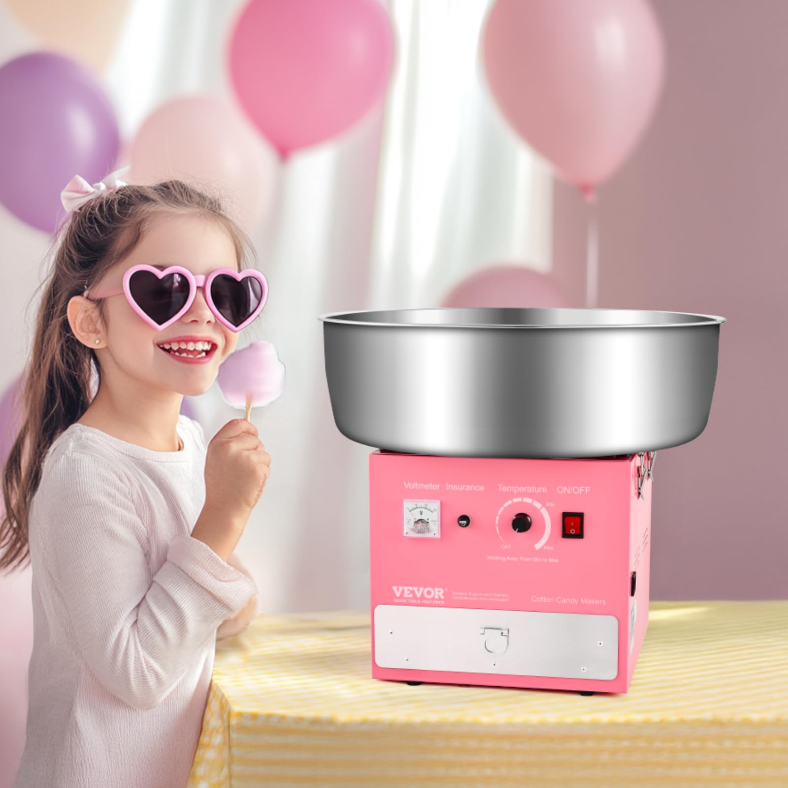 VEVOR elektrische Zuckerwattemaschine kommerzielle Zuckerwattegeräte (1000 W) mit 52 cm Edelstahlschüssel & Zuckerlöffel & Schublade, perfekt für Kindergeburtstage Familienfeiern Partys Rosa 8