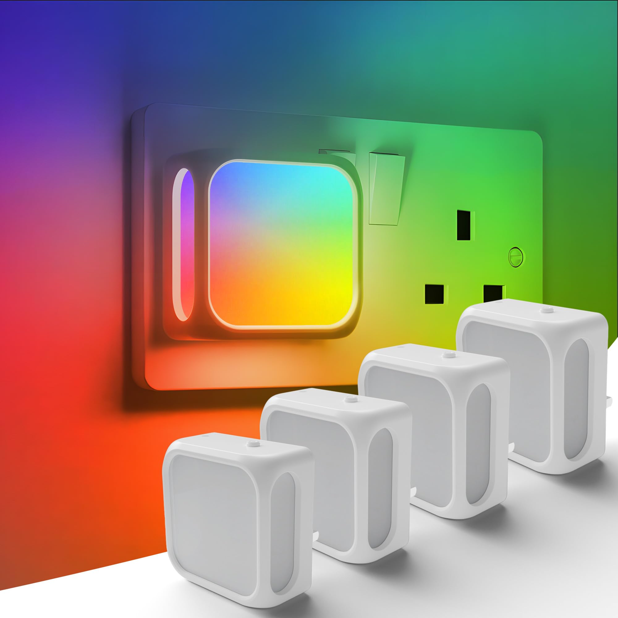 PURSNIC RGB Night Light Plug in Wall, with Dusk to Dawn Photocell Sensor, Warm White + Colour Changing, 3 Lighting Modes, for Kids, Baby, Bedroom, Hallway, 4 Pack