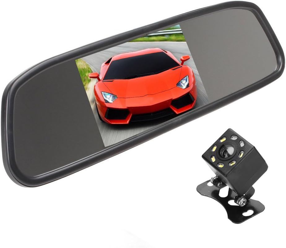 KASIONVI Backup Camera and Monitor Kit,4.3 inch Car Vehicle Rearview Mirror Monitor for DVD/VCR/Car Reverse Camera + CMOS Rear-view Backup Parking Camera With 8 LED Night Vision