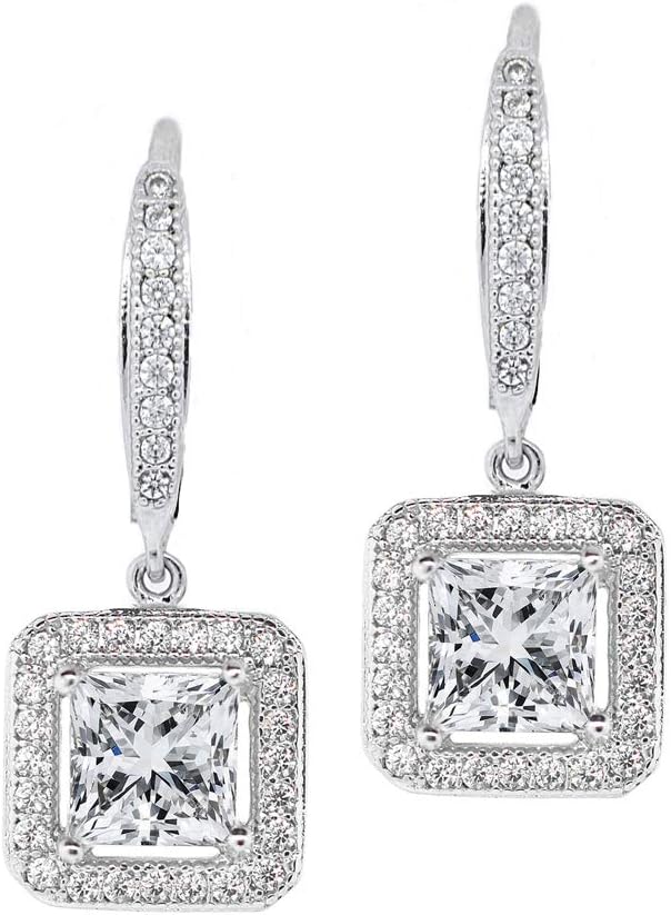 Jade Marie Enchanting Silver Dangle Crystal Halo Earrings, 18k White Gold Plated Princess Cut Dangle Earrings with Cubic Zirconia Crystals, Beautiful