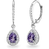 Sterling Silver Genuine or Synthetic Gemstone Halo Teardrop Dangle Leverback Earrings for Women Bridesmaids