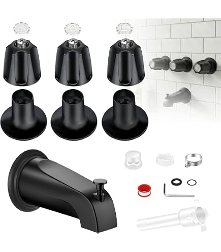 Matte Black Shower Trim Kit – 3-Piece Knob Replacement + Diverter Tub Spout, Fits Price Pfister Verve 3-Handle Systems, 1/2” Thread, Zinc Alloy