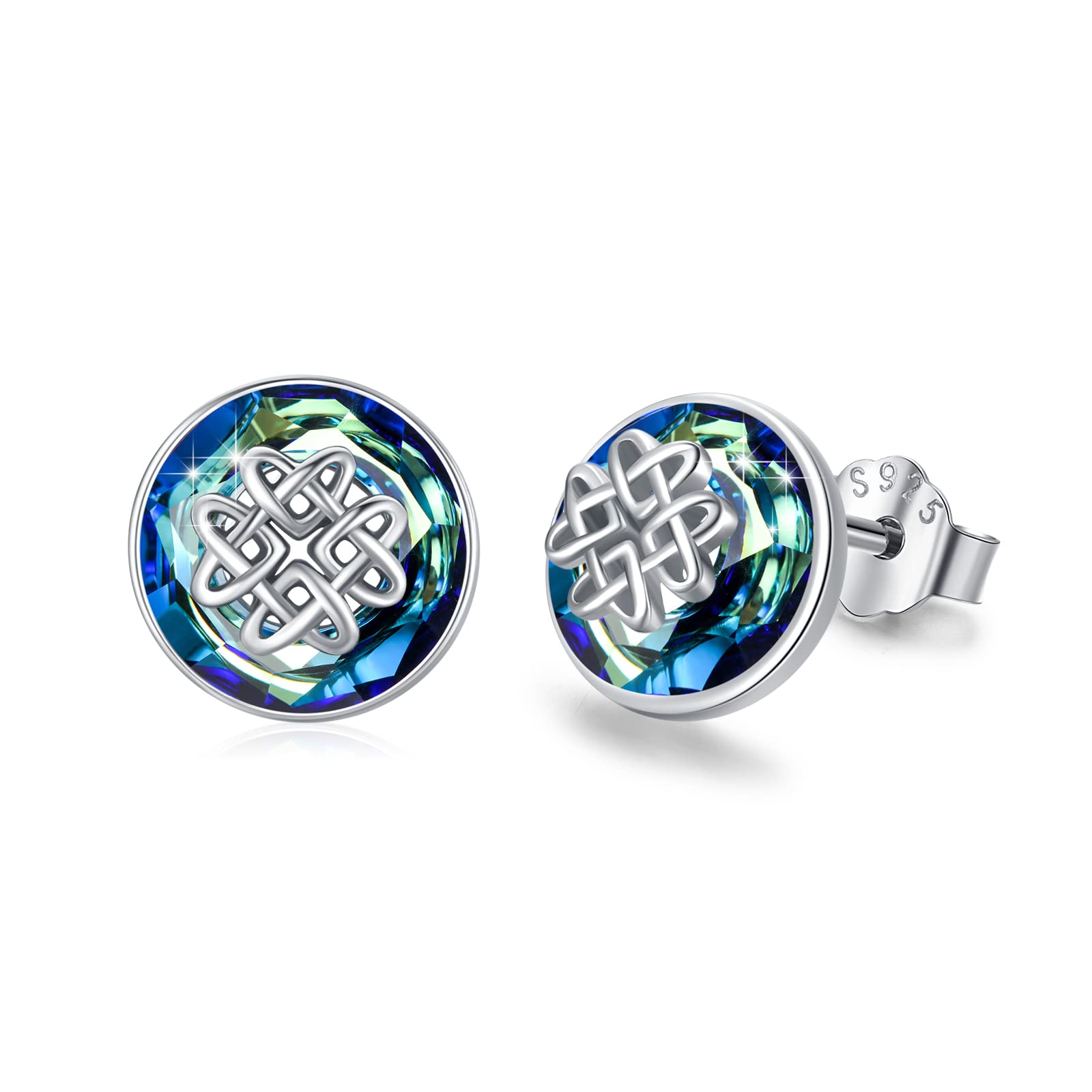 Celtic Earrings for Women, 925 Sterling Silver Crystal Stud Earrings Hypoallergenic Celtic Knot Tiny Earrings Blue Crystal Jewelry Valentines Gifts for Girls Kids