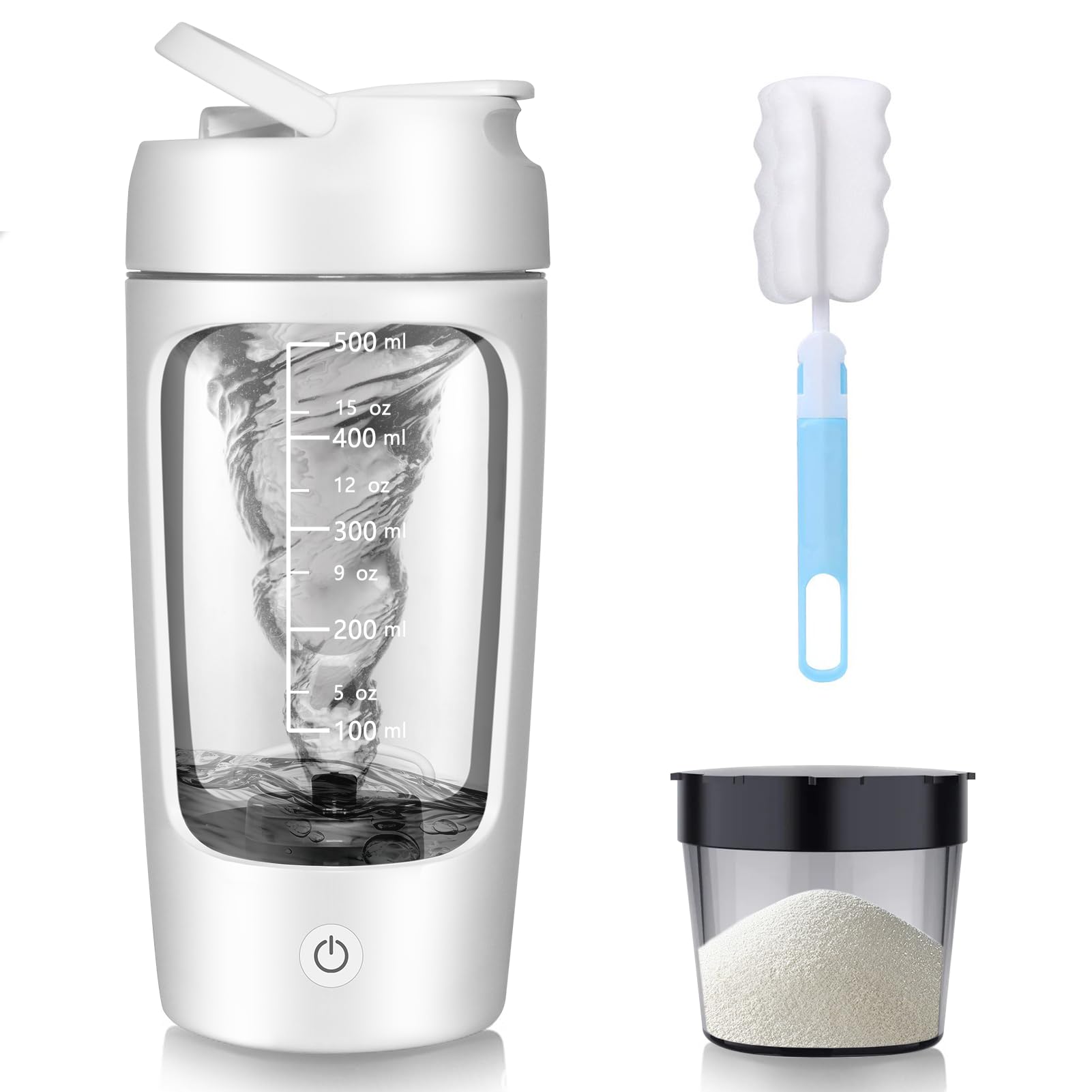 SOARFLY Electric Shaker with Powder Compartment, 650 ml, USB Rechargeable Protein Mixer Shaker for Protein Shake and Milk Shake, BPA-Free, White