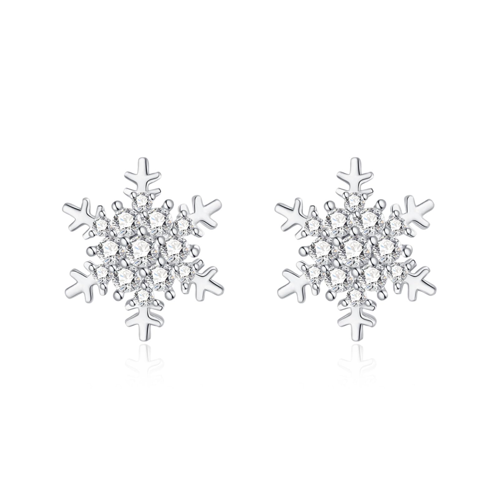 QUKE Women 925 Sterling Silver CZ Crystal Snowflake Shape Pierced Stud Earrings For Women Girls