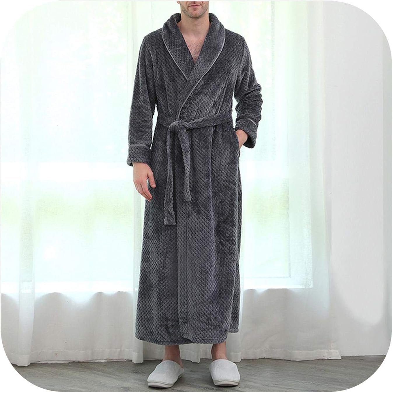 Men Flannel Winter Extra Long Thick Warm Grid Bathrobe
