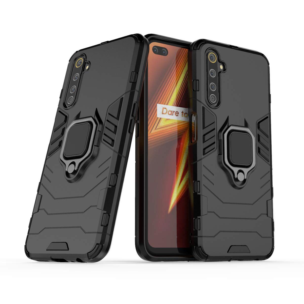 MRSTER Realme 6 Pro Case, Heavy Duty Armor Dual Layer Shock Resistant Hybrid Protective Case Cover with Ring Holder Kickstand for Realme 6 Pro. HB Black — image 1