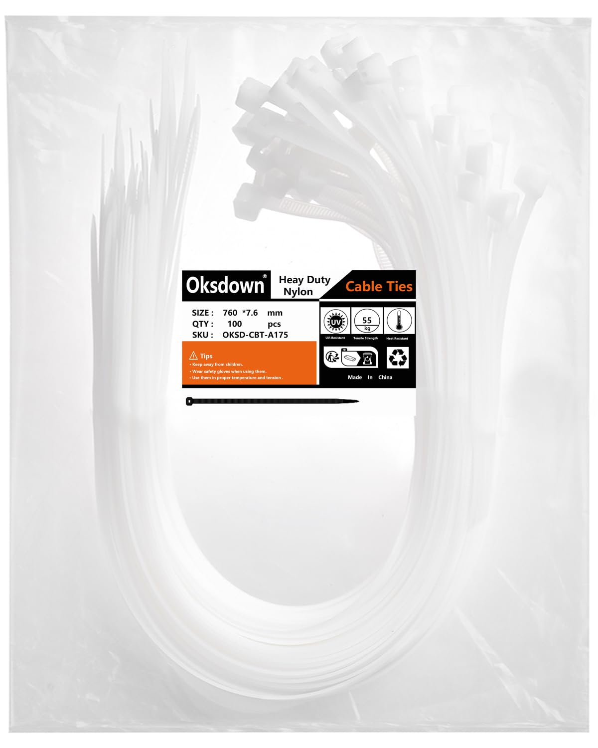 Oksdown 100 Pack White Thick Cable Ties Heavy Duty Large 760mm×7.6mm Strong Clear Nylon Plastic Self Locking 30 inch/76 cm Extra Long Zip Tie Wraps