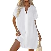 Halife Women's Swimsuit Cover Up Shirt V Neck Short Sleeve Bathing Suit Coverups Summer Beach Cover Ups