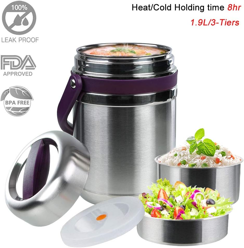 Thermal Lunch Box, Vacuum Insulated Lunch Box Food Container Carrier Bento Box Thermal Insulating Stainless Steel Lunch Containers Hold Warm for 8 Hours with Folding Spoon, 1.6L (Purple) (Purple)