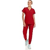 Hey Collection Womens Stretch V-Neck Jogger Scrubs Set, Medical Nursing Tops with Four Pocket Pants