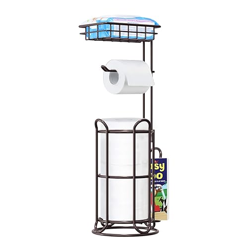TreeLen Black Free-Standing Toilet Paper Holder with Shelf – Tissue Roll Dispenser and Magazine Rack – Fits Mega Rolls, Phone, and Wipes