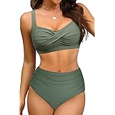 Amy Babe Women's Twist Front Full Coverage Swimsuit V Neck Padded High Waisted Ruched Bikini Set Two Piece Bathing Suit
