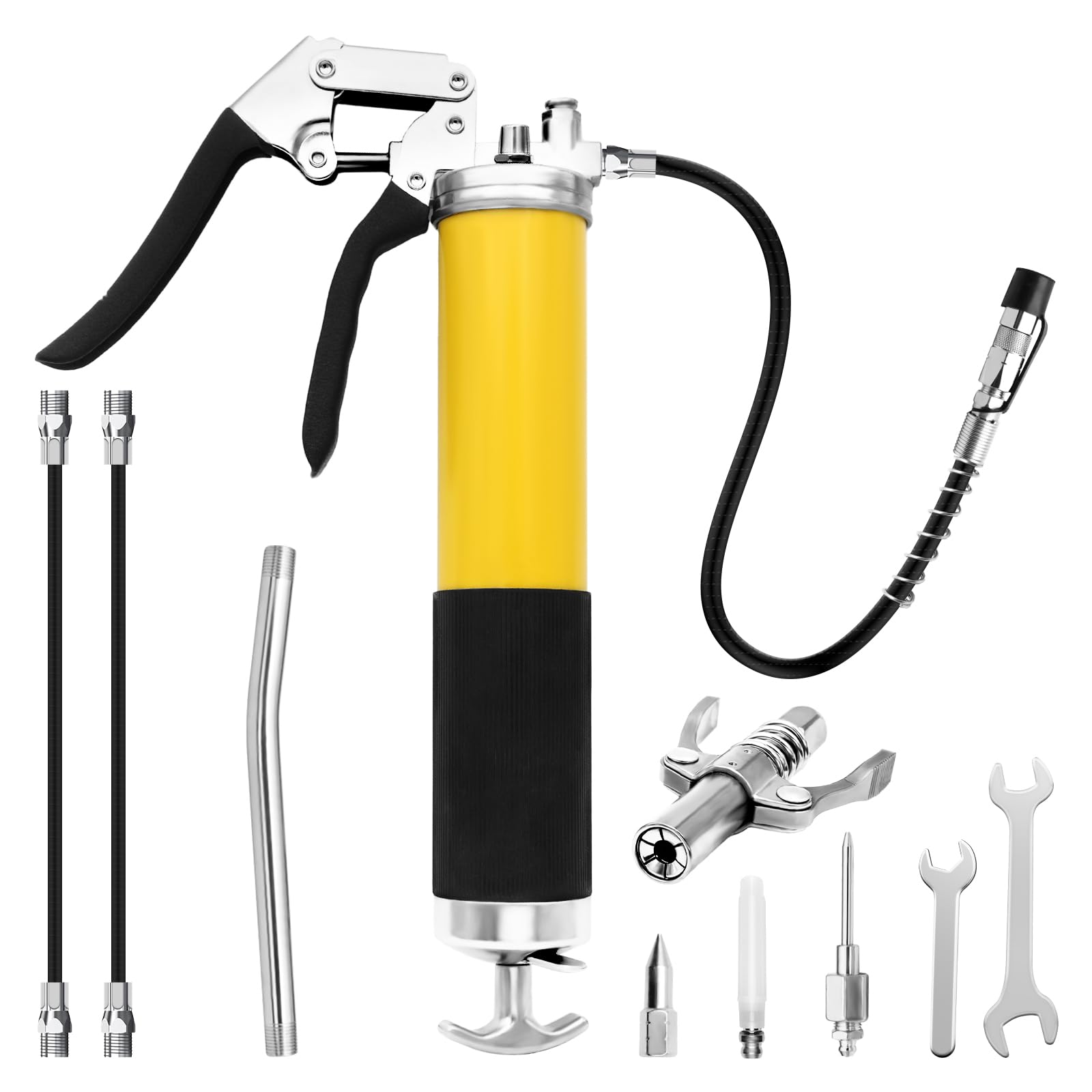 Photo 1 of ZOSANY Grease Gun 8000 PSI, Heavy Duty Pistol Grip Grease Gun Kit with 14OZ Load Capacity, 18" Spring Flex Hose, 2 Standard Hose,Extension Rigid Pipe, Grease Injector, 1 Needle, Sharp Nozzle