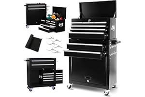 Dawmilon 8-Drawer Rolling Tool Chest, 2-in-1 Tool Box Organizer with Lockable Wheels, Sliding Drawers, and Detachable Top, Garage Workshop Tool Storage Cabinet, Black