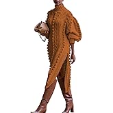 Angsuttc Women's Sweater Dresses Textured Knit Puff Sleeve High Neck High Split Hem Maxi Dress