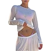 RoseSeek Women's Sheer Mesh Long Sleeve T Shirts Boat Neck Slim Fit Tee Tops Going Out See Through Shirts