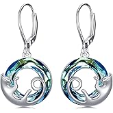 Cat Earrings Sterling Silver Dangle Drop Leverback Earrings with Color-change Circle Crystal, Cat Jewelry Gifts for Cat Lovers