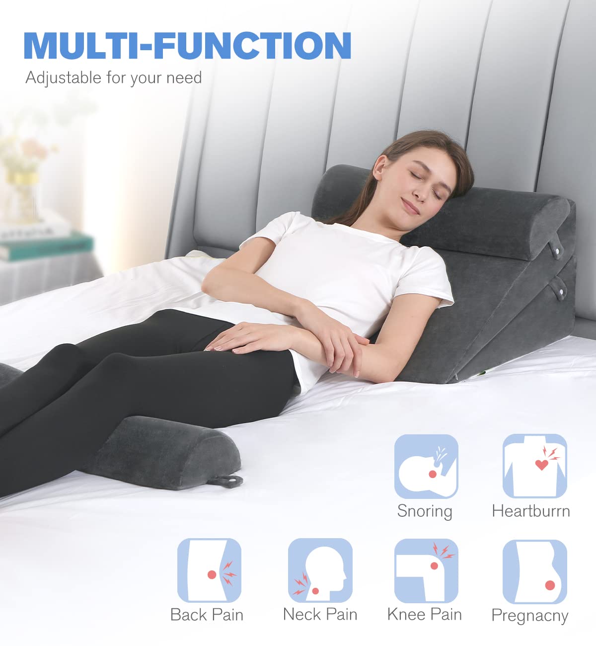 OasisSpace 4 PCS Bed Wedge Pillow Set, Orthopedic Foam Pillow for Back, Leg and Knee Pain Relief, Adjustable Triangle Pillow for Sleeping, Acid Reflux, GERD, Snore, Relax