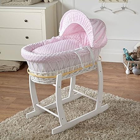 pink moses basket with rocking stand