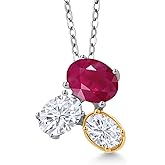 Gem Stone King 925 Silver and 10K Yellow Gold Red Ruby and White Moissanite Pendant Necklace For Women (3.00 Cttw, Oval 8X6MM, 7X5MM and 6X4MM, Gemstone July Birthstone, with 18 Inch Chain)