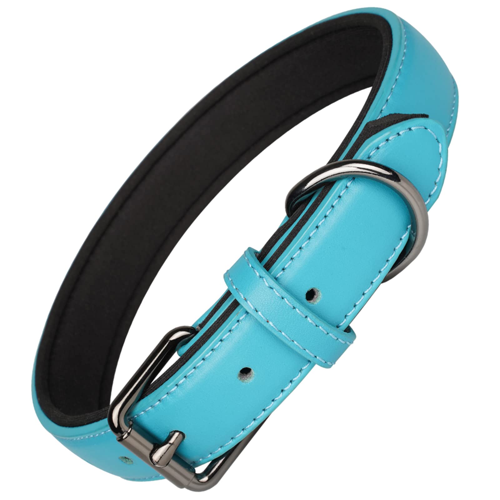 OFHome Leather Dog Collar Soft Padded Comfortable Adjustable Strong Pet Collars Best for Small Medium Large Dogs with Heavy Duty Buckle (Blue, L)