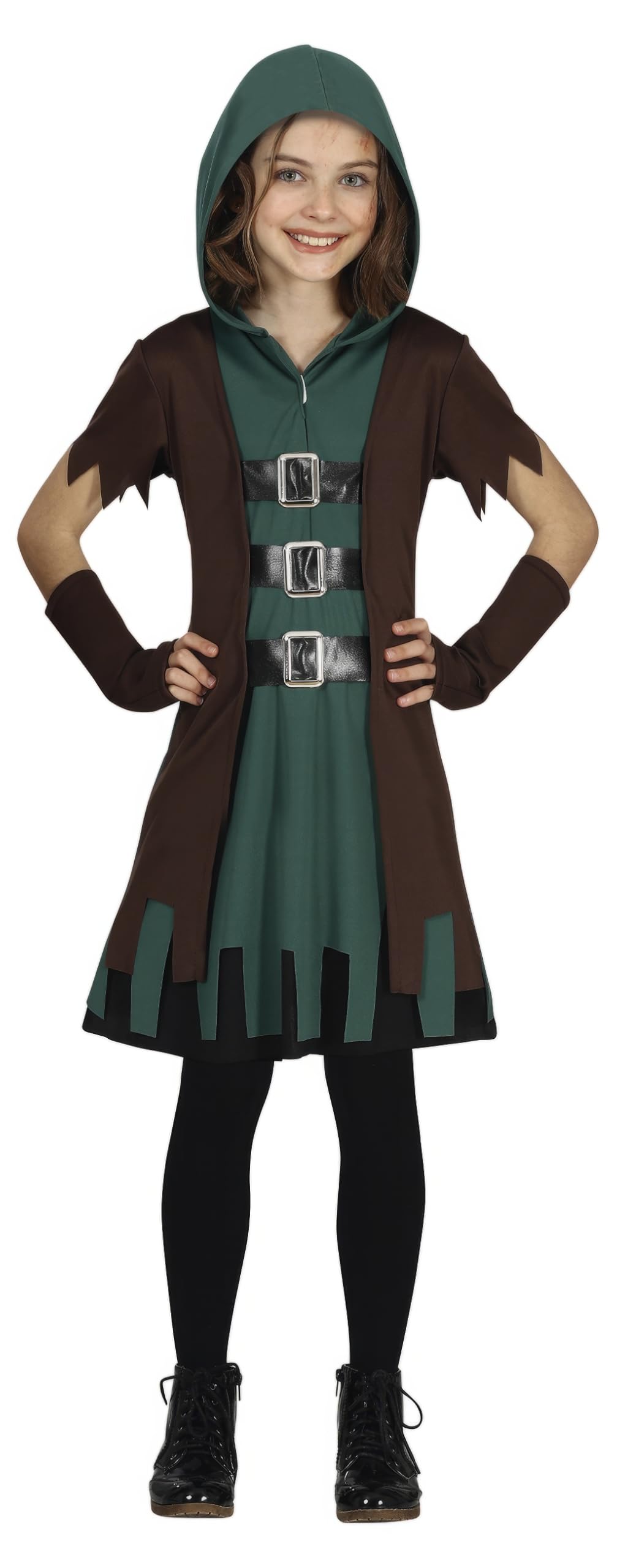 FIESTAS GUIRCA Green Archer Fancy Dress Costume for Girls - Green Hero Outfit with Dress, Hood and Waistcoat for Children 7-9 Years