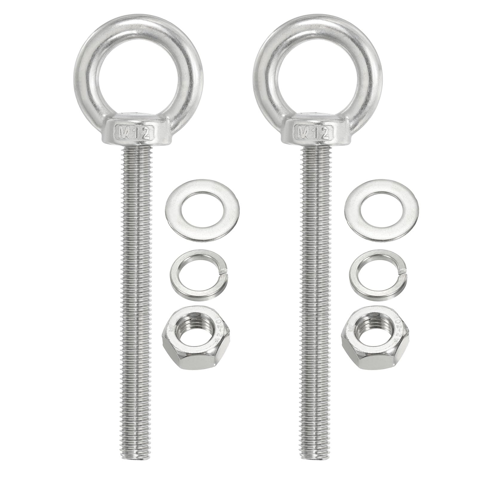 PATIKIL M12 x 100mm Lifting Shoulder Eye Bolt, 2Pcs 304 Stainless Steel Lifting Ring Threaded Eyebolt with Nuts Washers for Hanging Hammocks Articles