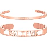 ANTISCORE BELIEVE 18K Rose Gold Stainless Steel Bracelet for Women, Engraved Whisper Cuff Bangle Bracelets Jewelry Gift for Wife, Sisters, Daughter & Friends (2PCS)